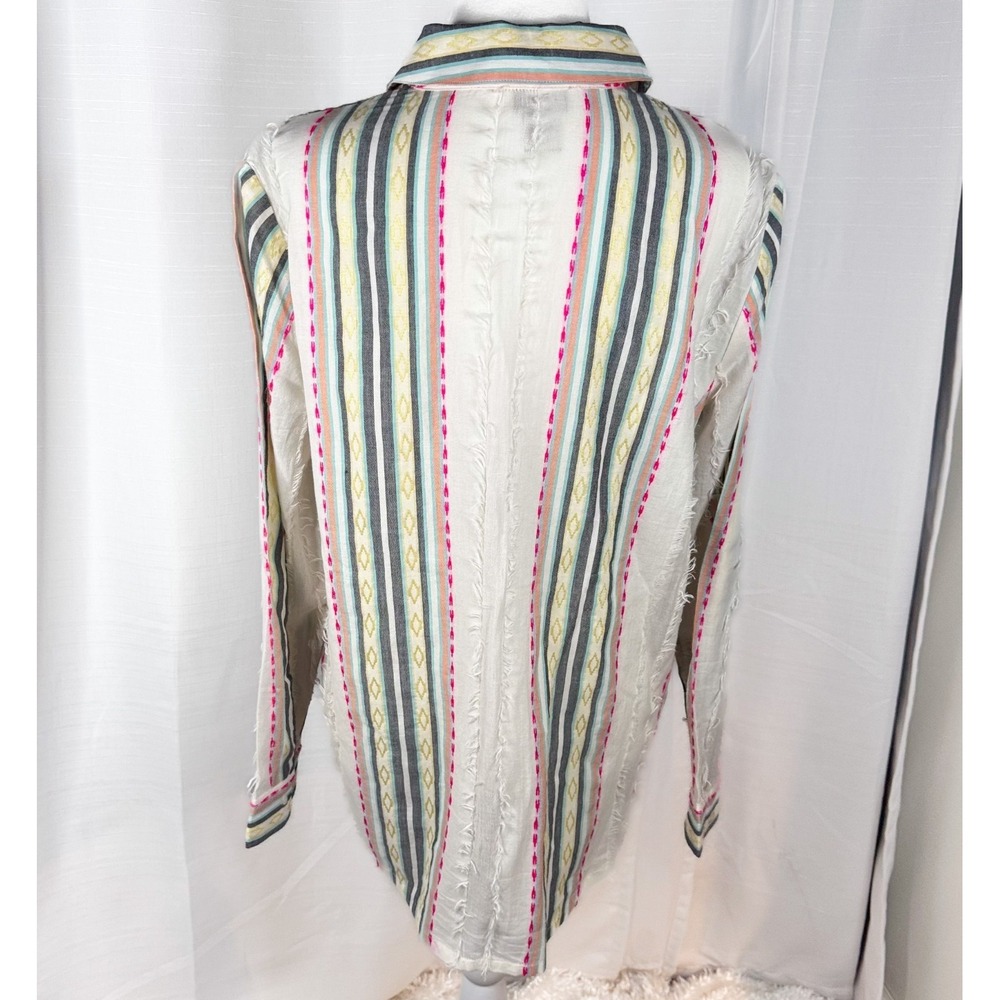 Chico's Shirt Womens 2 US 12 Embroidered Beaded Floral Stripe Boho Fringe Top - Picture 3 of 14